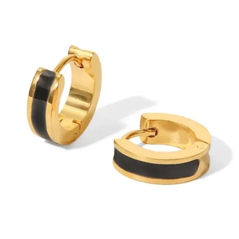 Black Enamel Small Hoop Huggie Earrings Gold Plated
